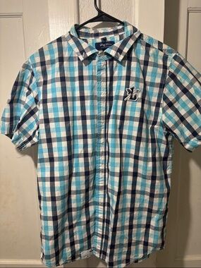 LRG Blue and White Plaid Short-Sleeve Button-Down Shirt